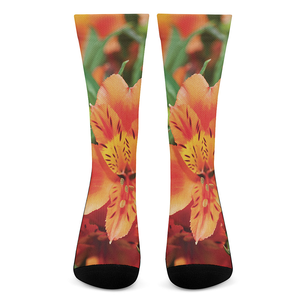 Orange Alstroemeria Print Crew Socks