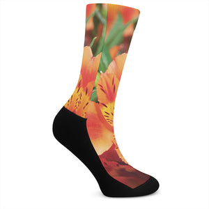 Orange Alstroemeria Print Crew Socks