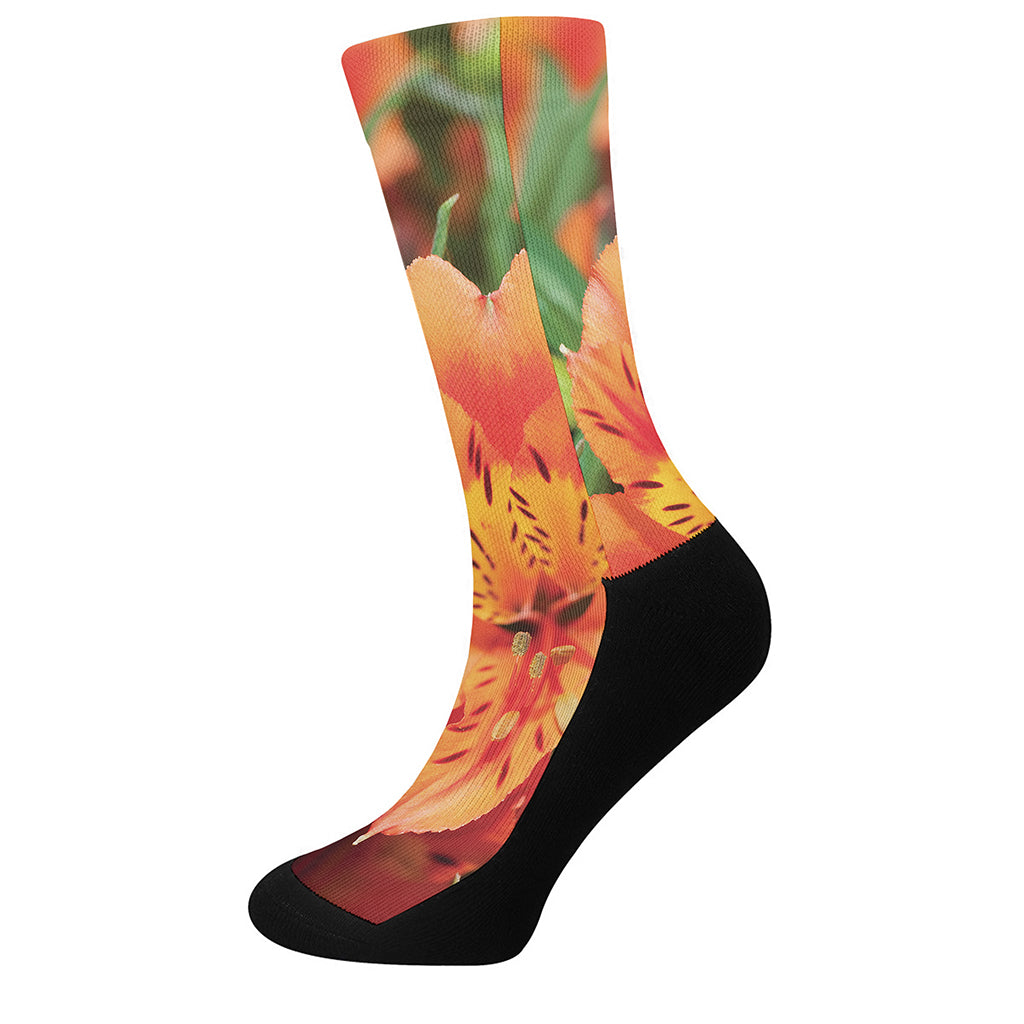 Orange Alstroemeria Print Crew Socks