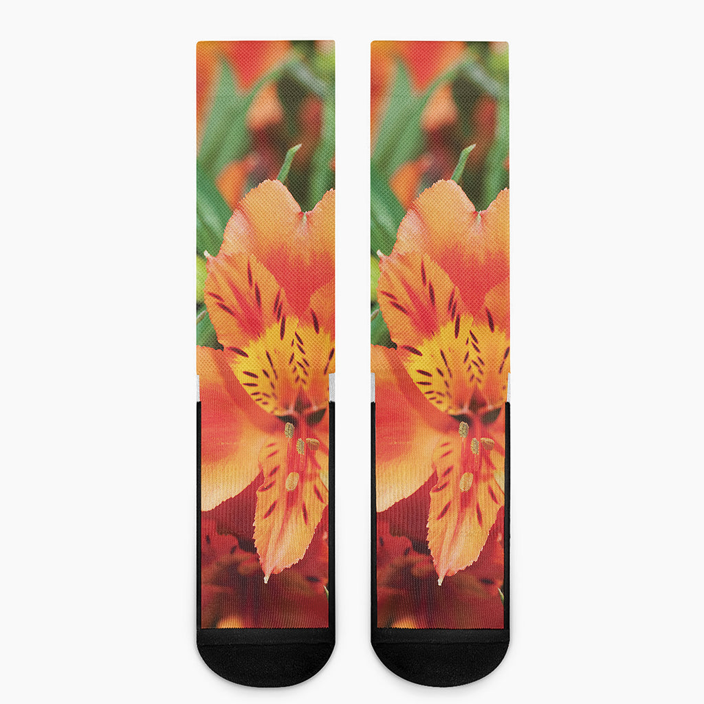 Orange Alstroemeria Print Crew Socks