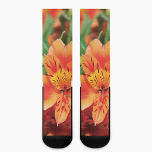 Orange Alstroemeria Print Crew Socks