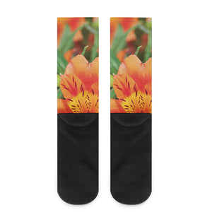 Orange Alstroemeria Print Crew Socks