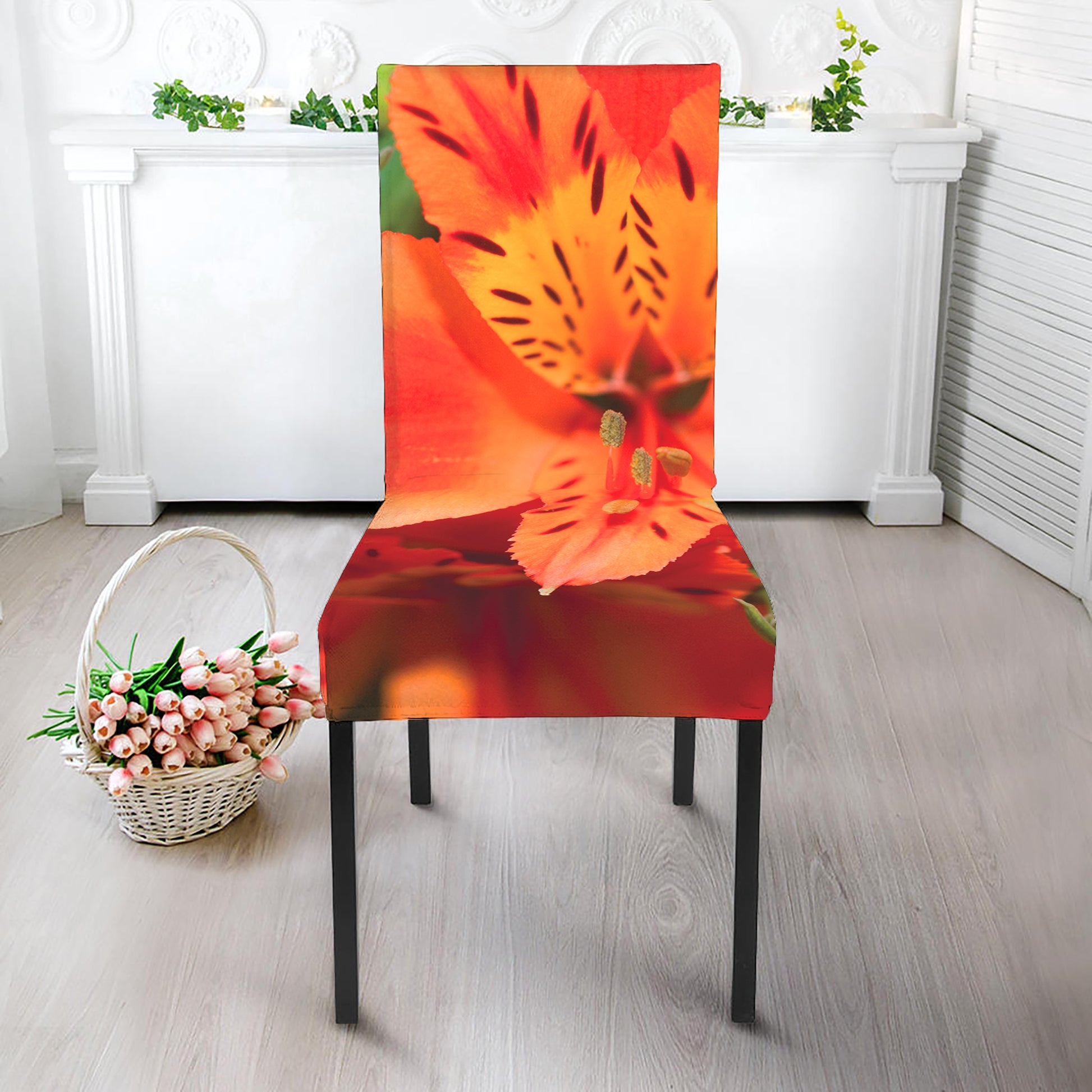 Orange Alstroemeria Print Dining Chair Slipcover