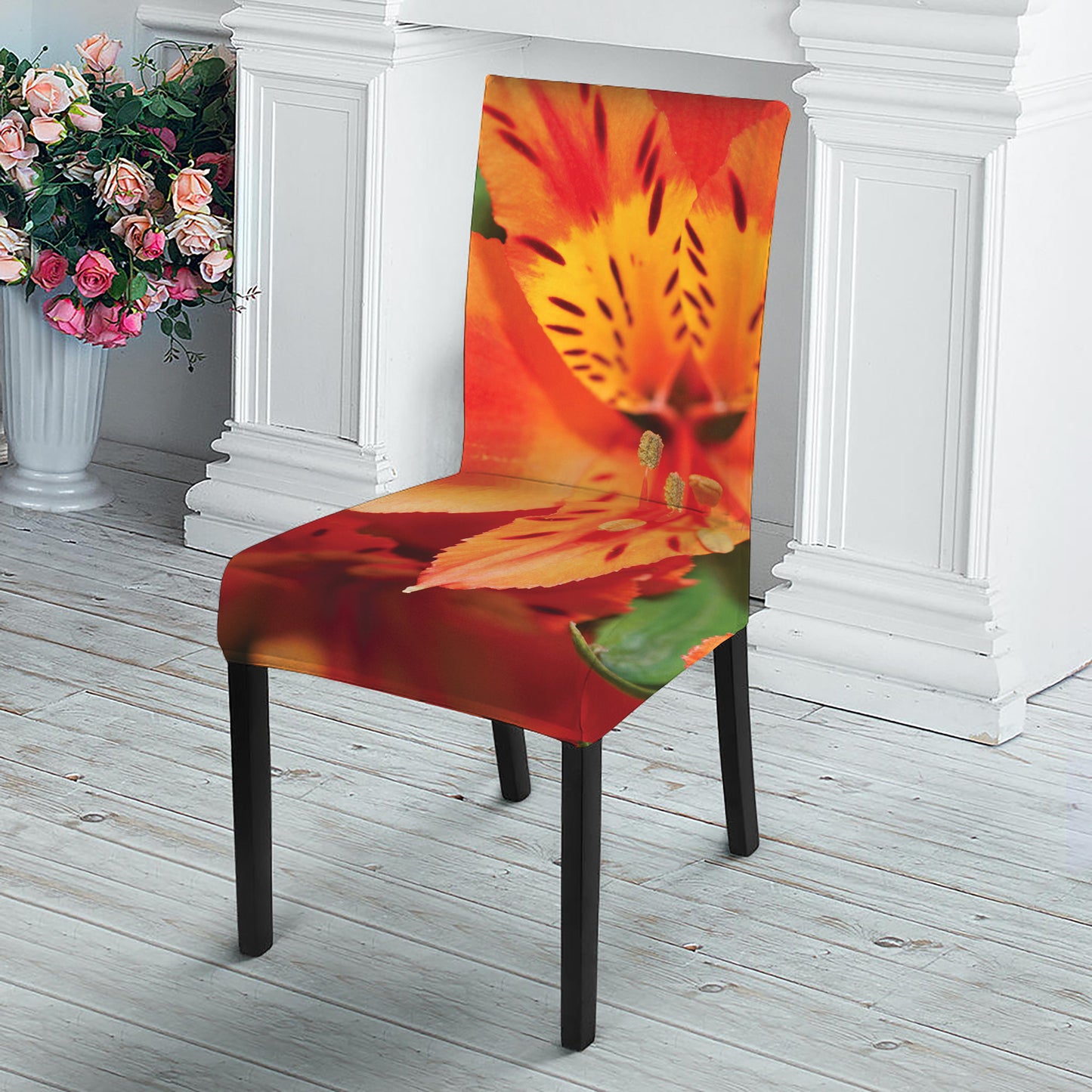 Orange Alstroemeria Print Dining Chair Slipcover