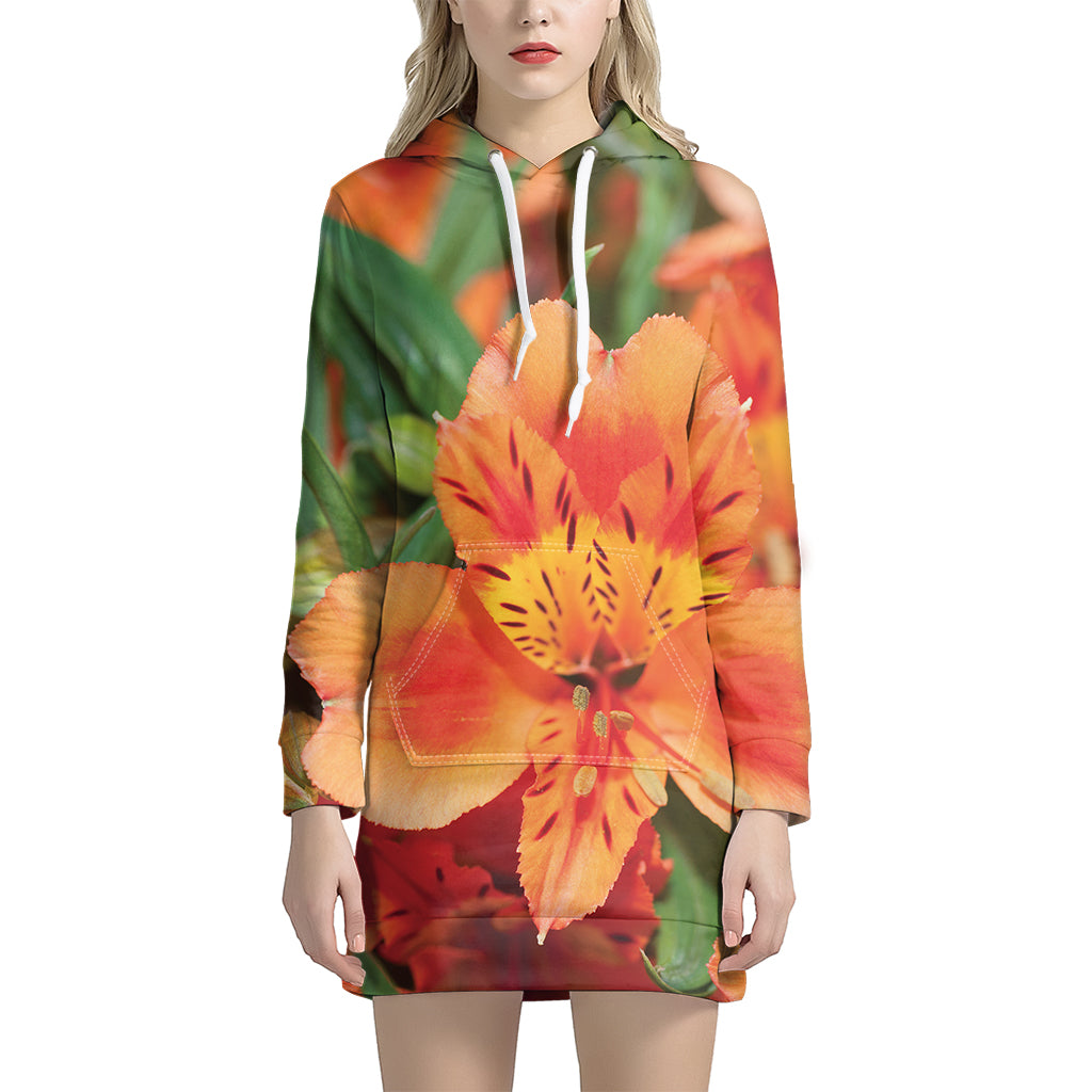 Orange Alstroemeria Print Hoodie Dress