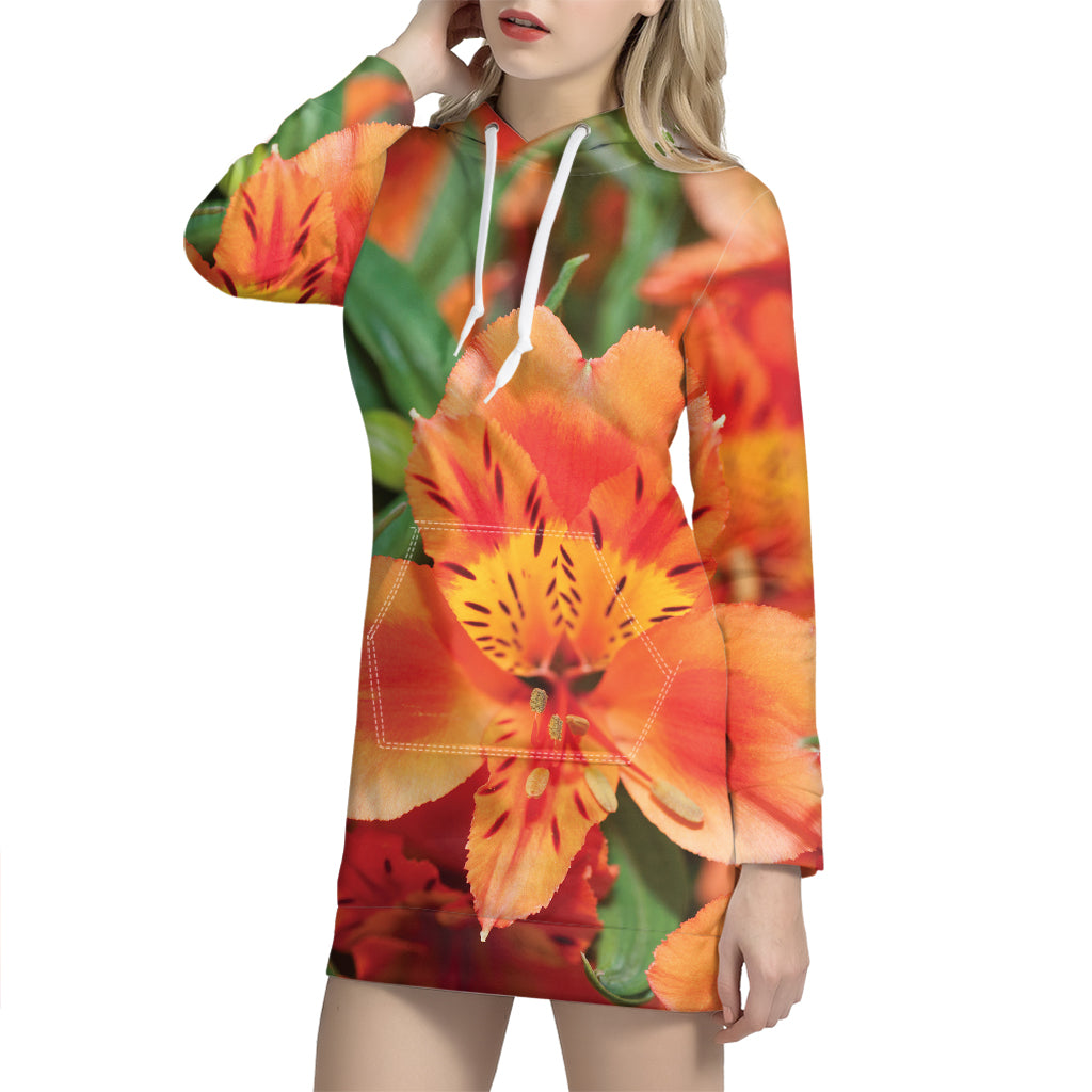 Orange Alstroemeria Print Hoodie Dress