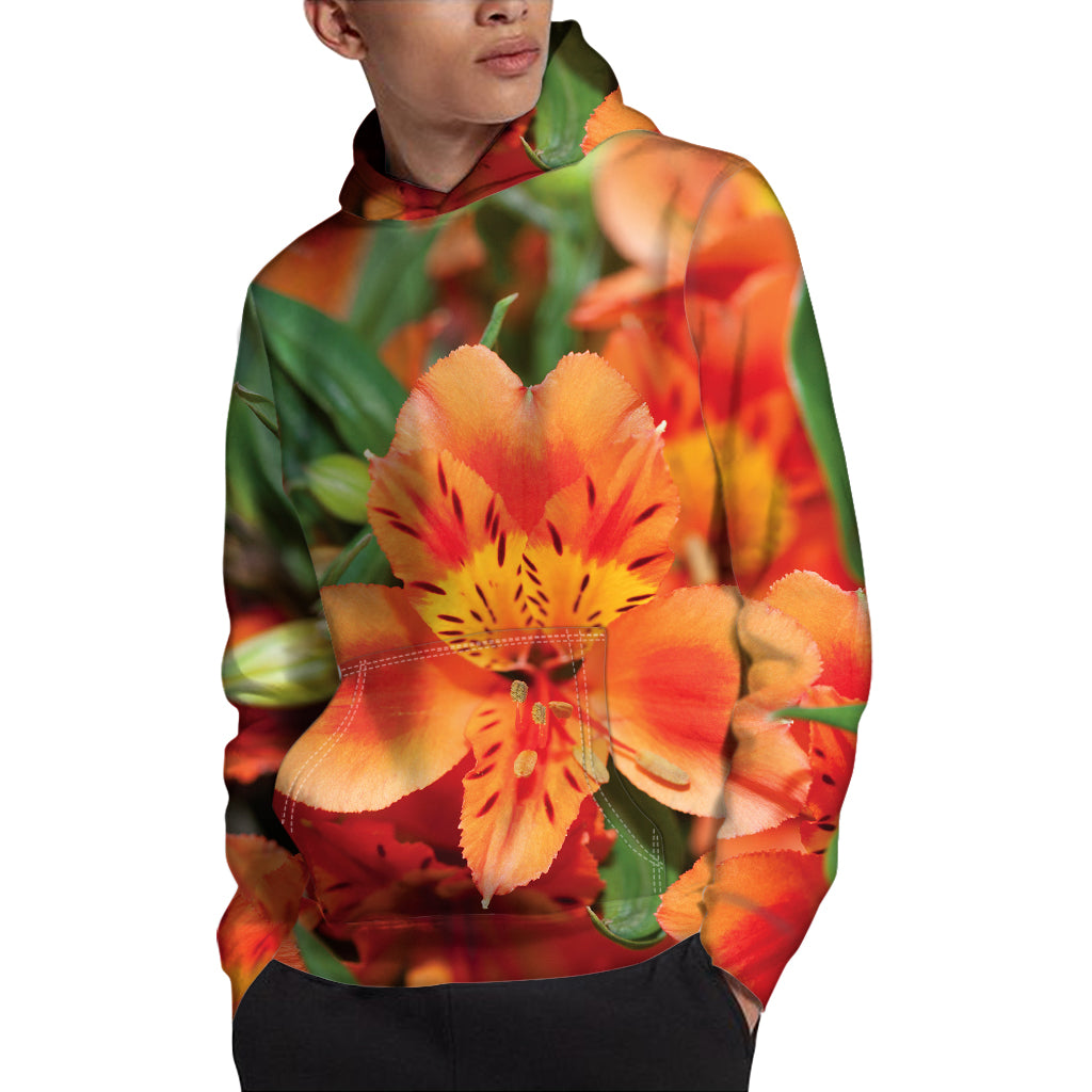 Orange Alstroemeria Print Pullover Hoodie