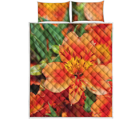 Orange Alstroemeria Print Quilt Bed Set
