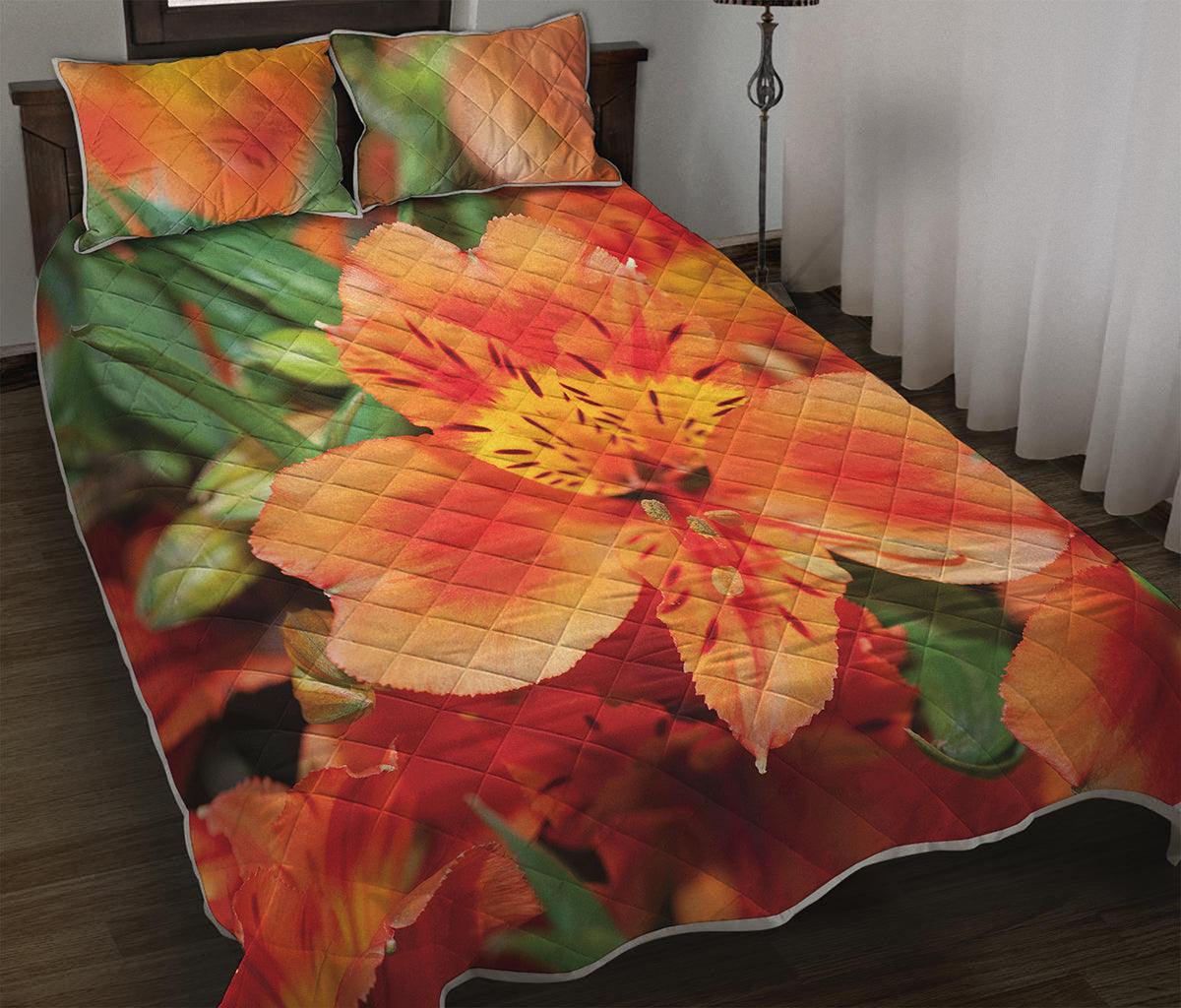 Orange Alstroemeria Print Quilt Bed Set