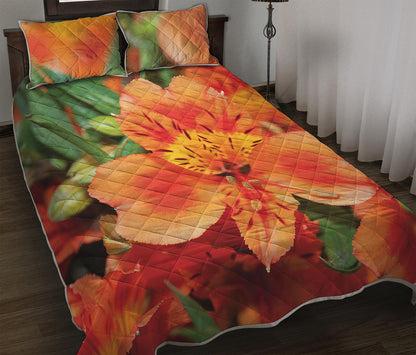 Orange Alstroemeria Print Quilt Bed Set