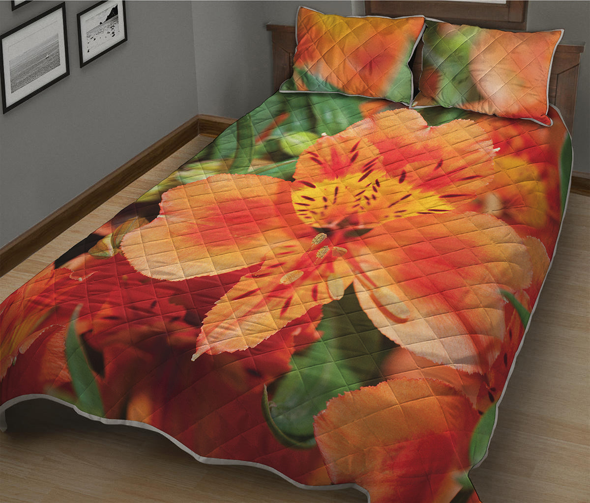 Orange Alstroemeria Print Quilt Bed Set