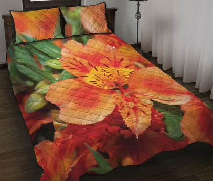 Orange Alstroemeria Print Quilt Bed Set