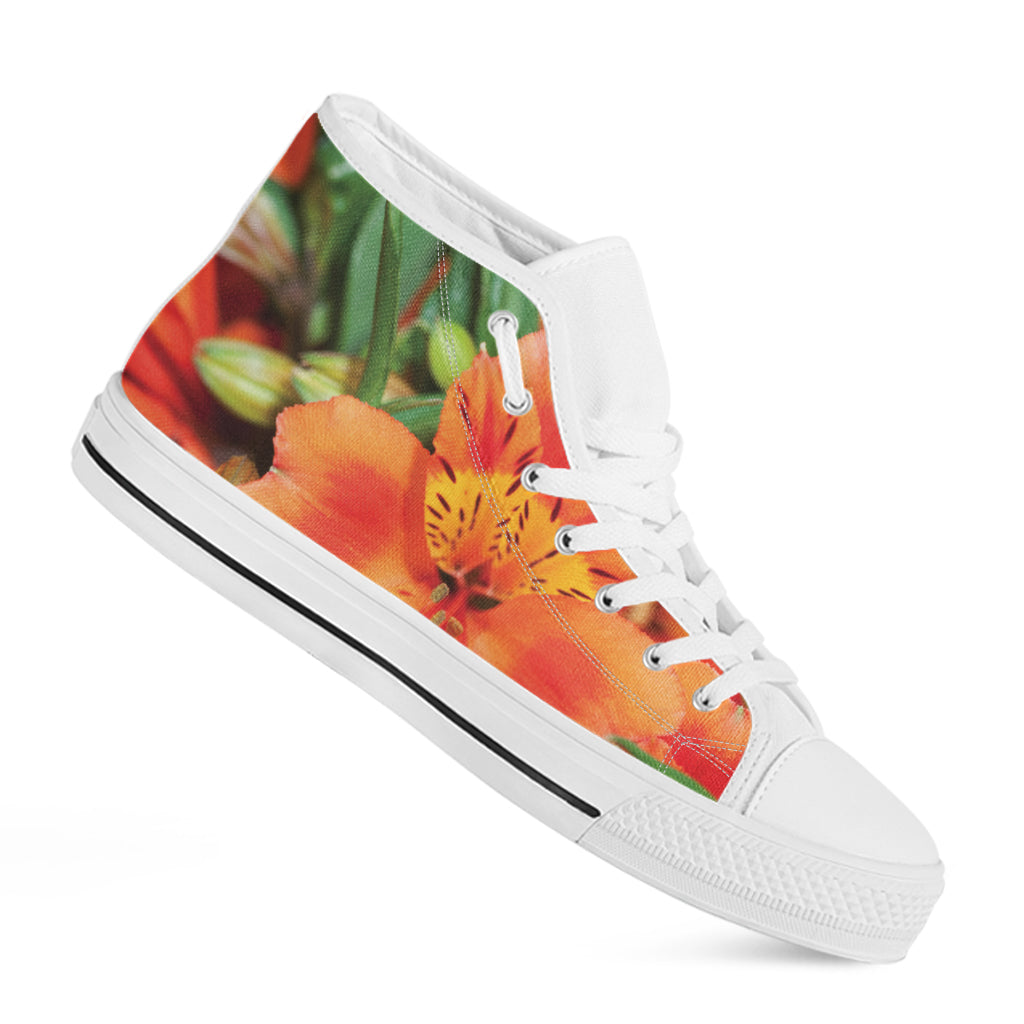 Orange Alstroemeria Print White High Top Shoes