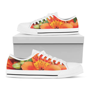 Orange Alstroemeria Print White Low Top Shoes