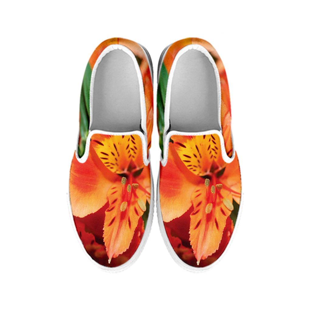 Orange Alstroemeria Print White Slip On Shoes