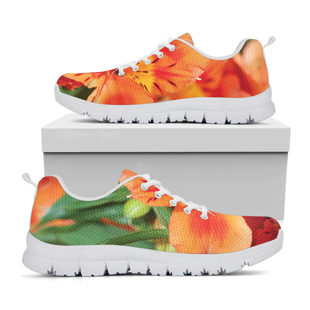 Orange Alstroemeria Print White Sneakers