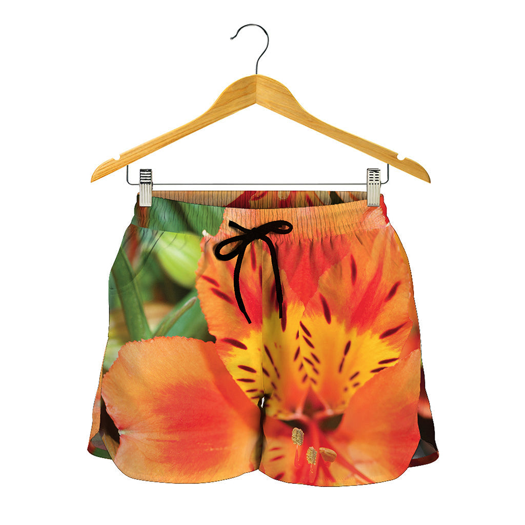 Orange Alstroemeria Print Women's Shorts