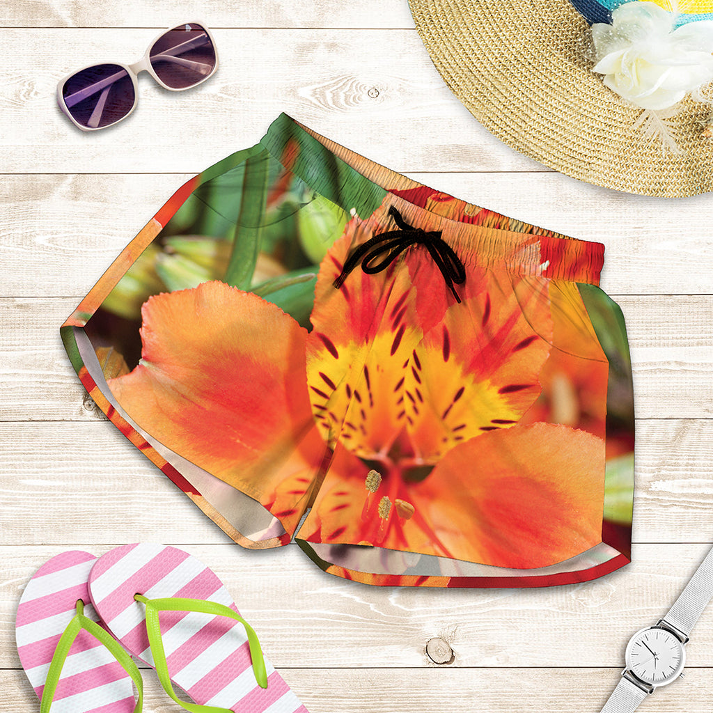 Orange Alstroemeria Print Women's Shorts