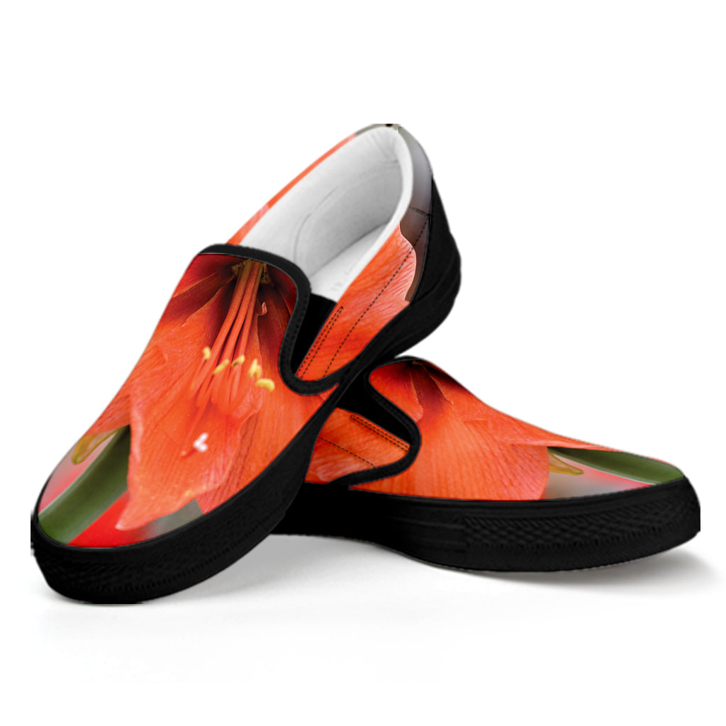 Orange Amaryllis Print Black Slip On Shoes