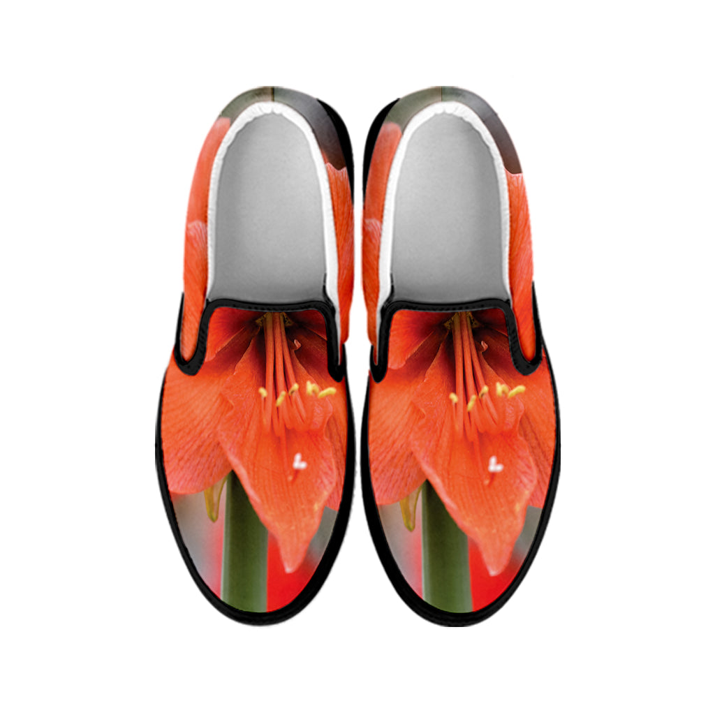 Orange Amaryllis Print Black Slip On Shoes