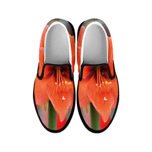 Orange Amaryllis Print Black Slip On Shoes