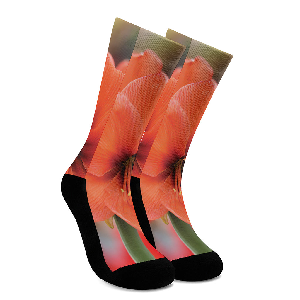 Orange Amaryllis Print Crew Socks