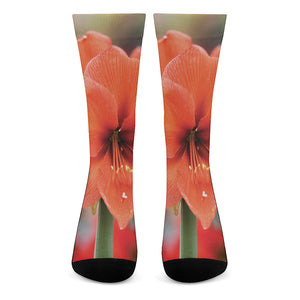 Orange Amaryllis Print Crew Socks