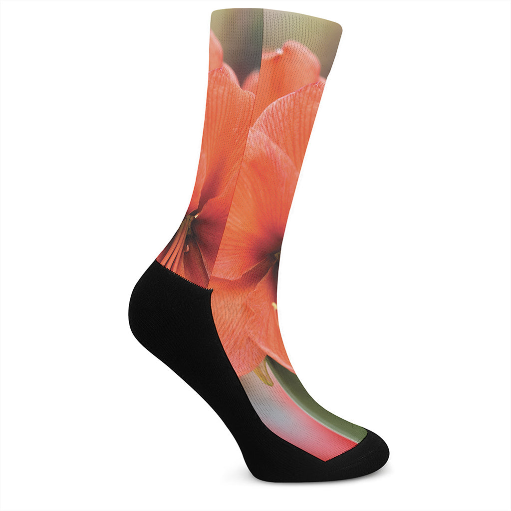 Orange Amaryllis Print Crew Socks