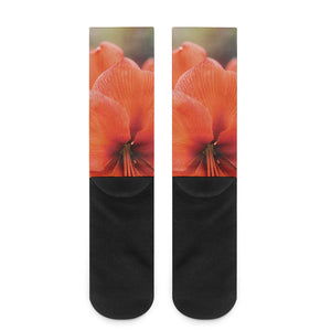 Orange Amaryllis Print Crew Socks