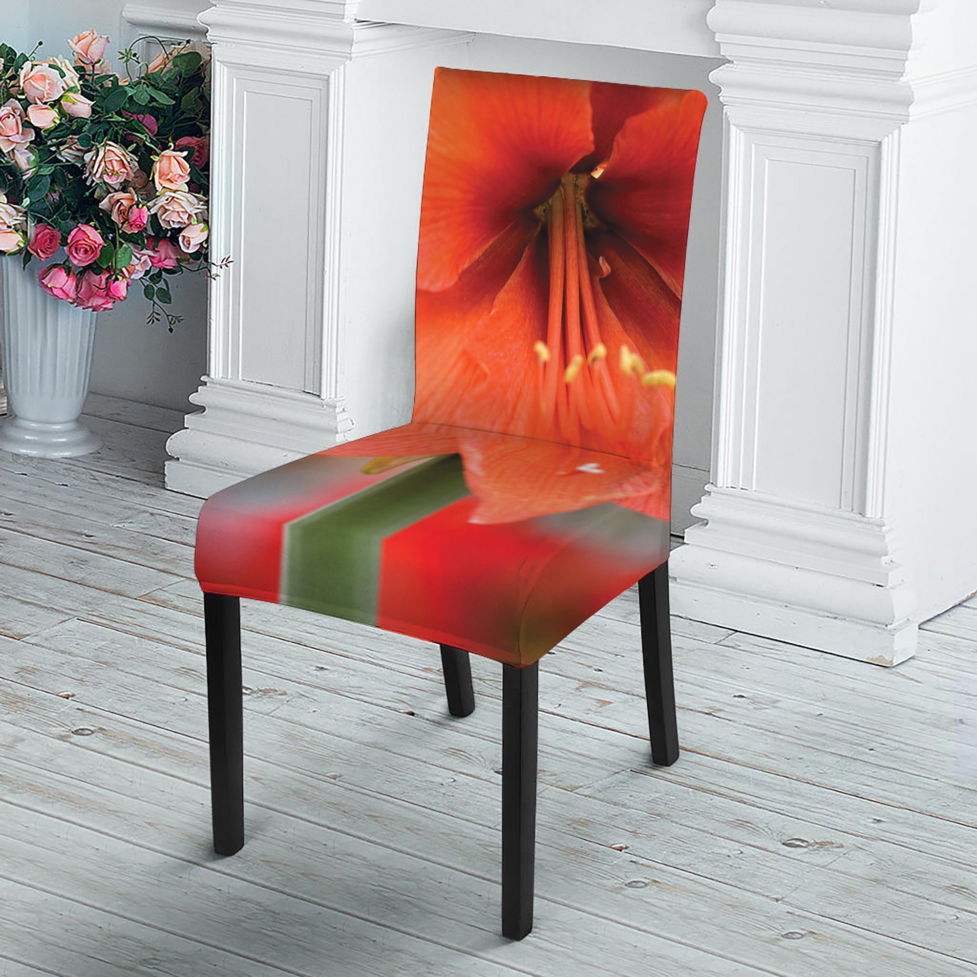 Orange Amaryllis Print Dining Chair Slipcover