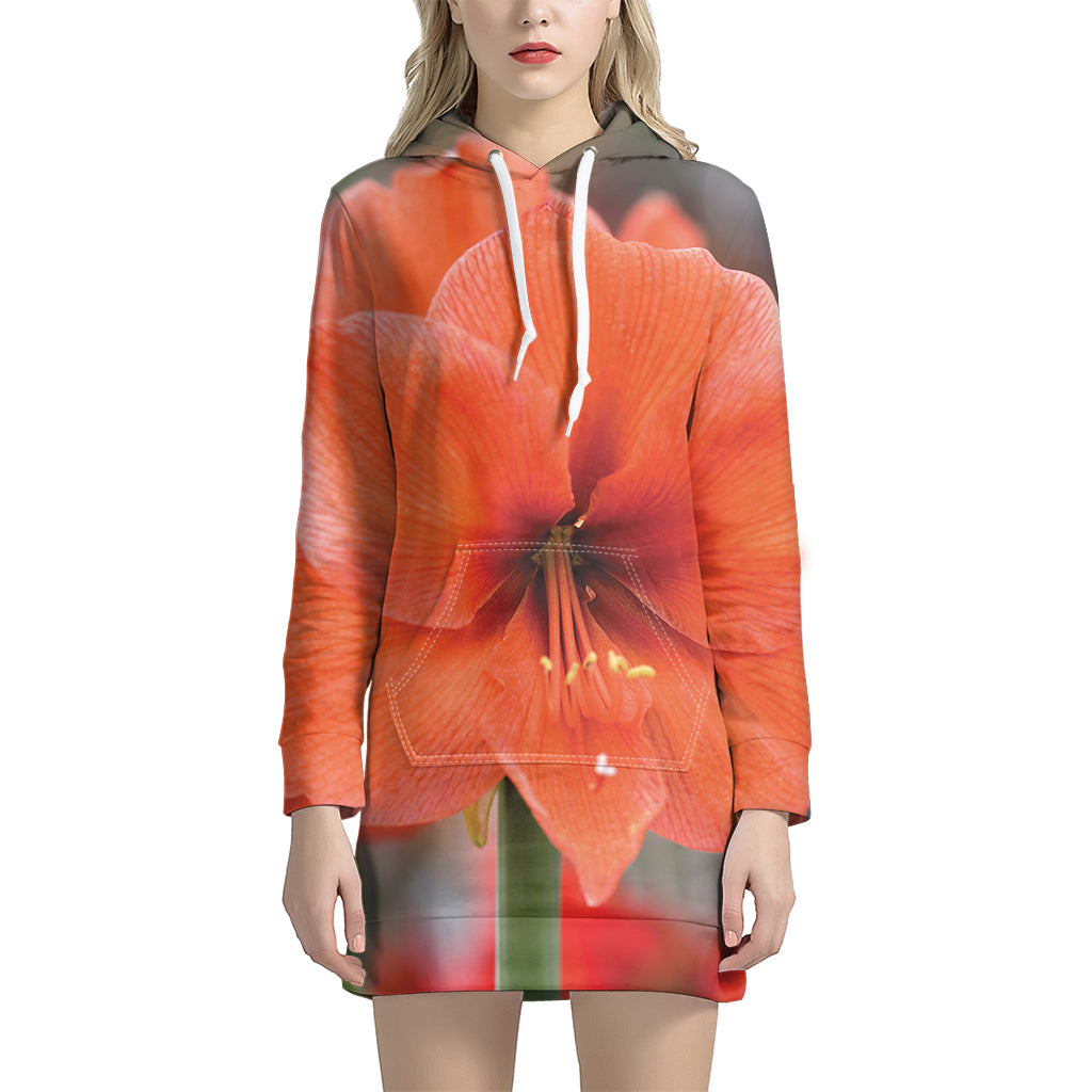 Orange Amaryllis Print Hoodie Dress