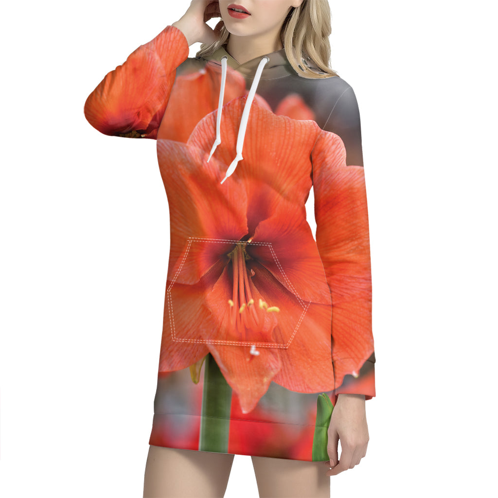 Orange Amaryllis Print Hoodie Dress