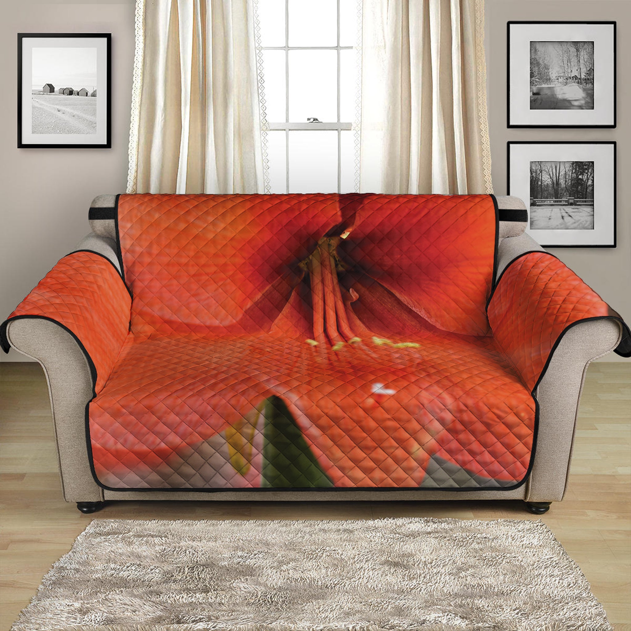 Orange Amaryllis Print Loveseat Protector