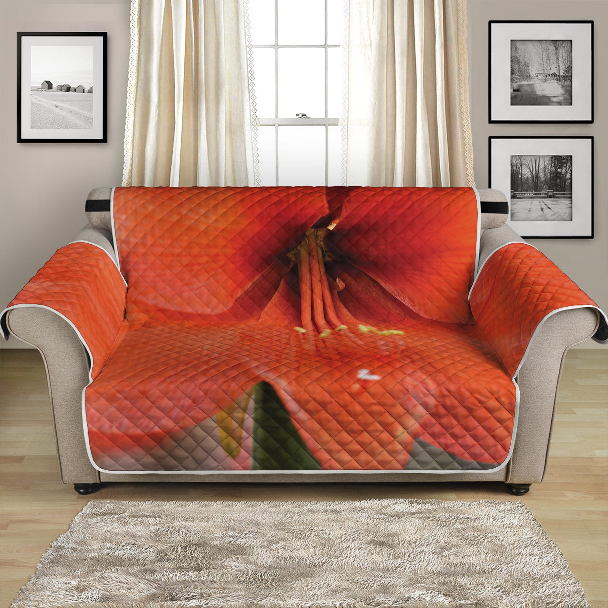 Orange Amaryllis Print Loveseat Protector