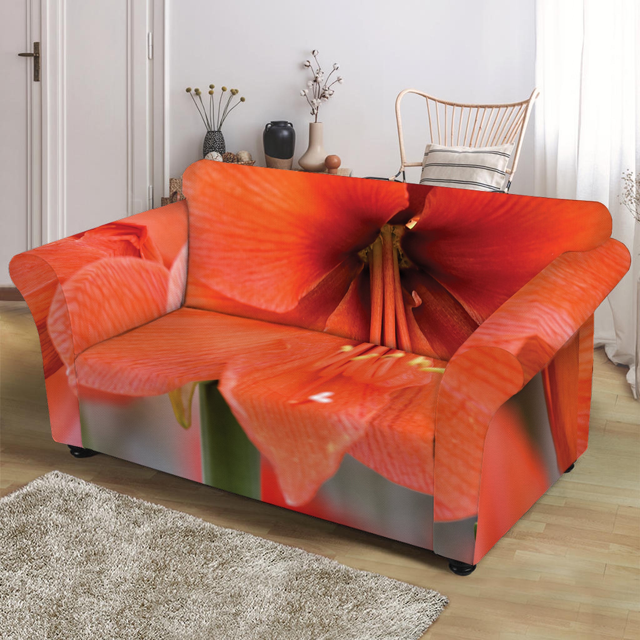 Orange Amaryllis Print Loveseat Slipcover