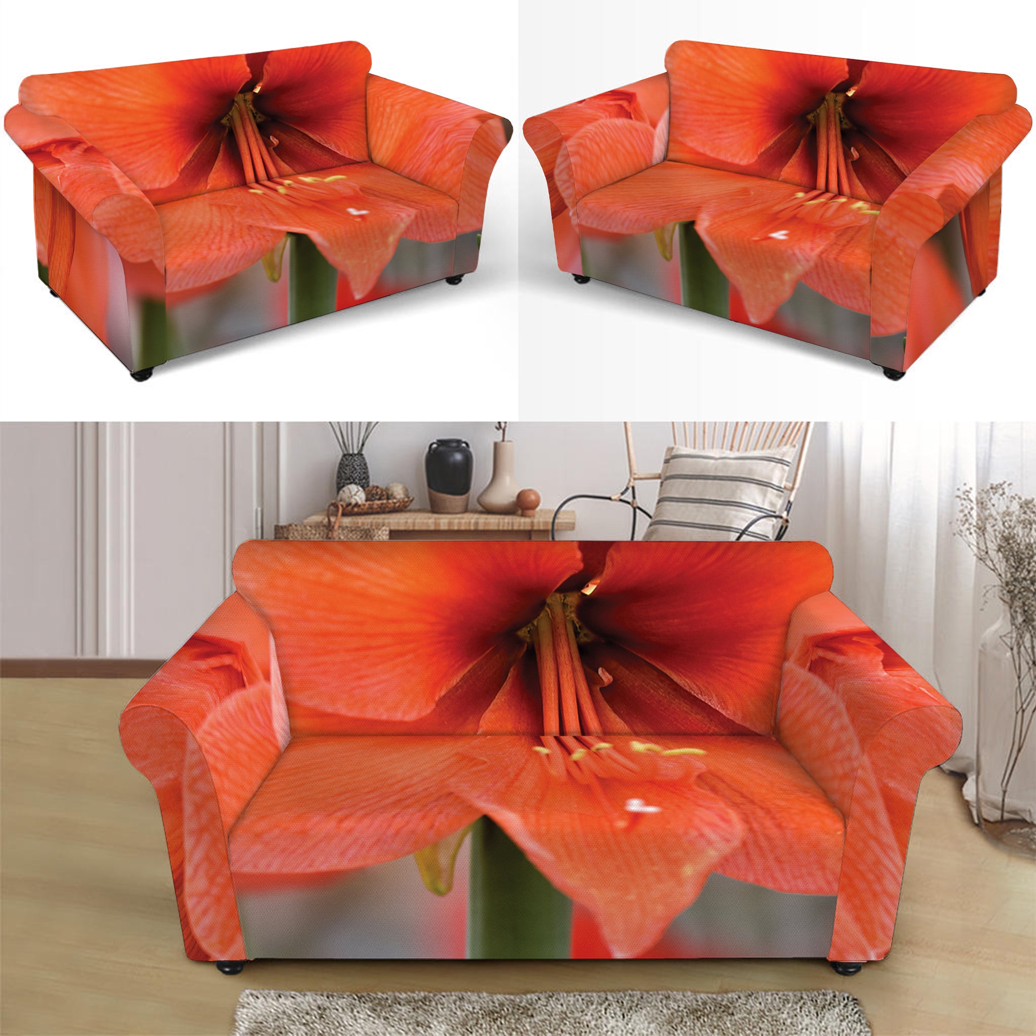 Orange Amaryllis Print Loveseat Slipcover