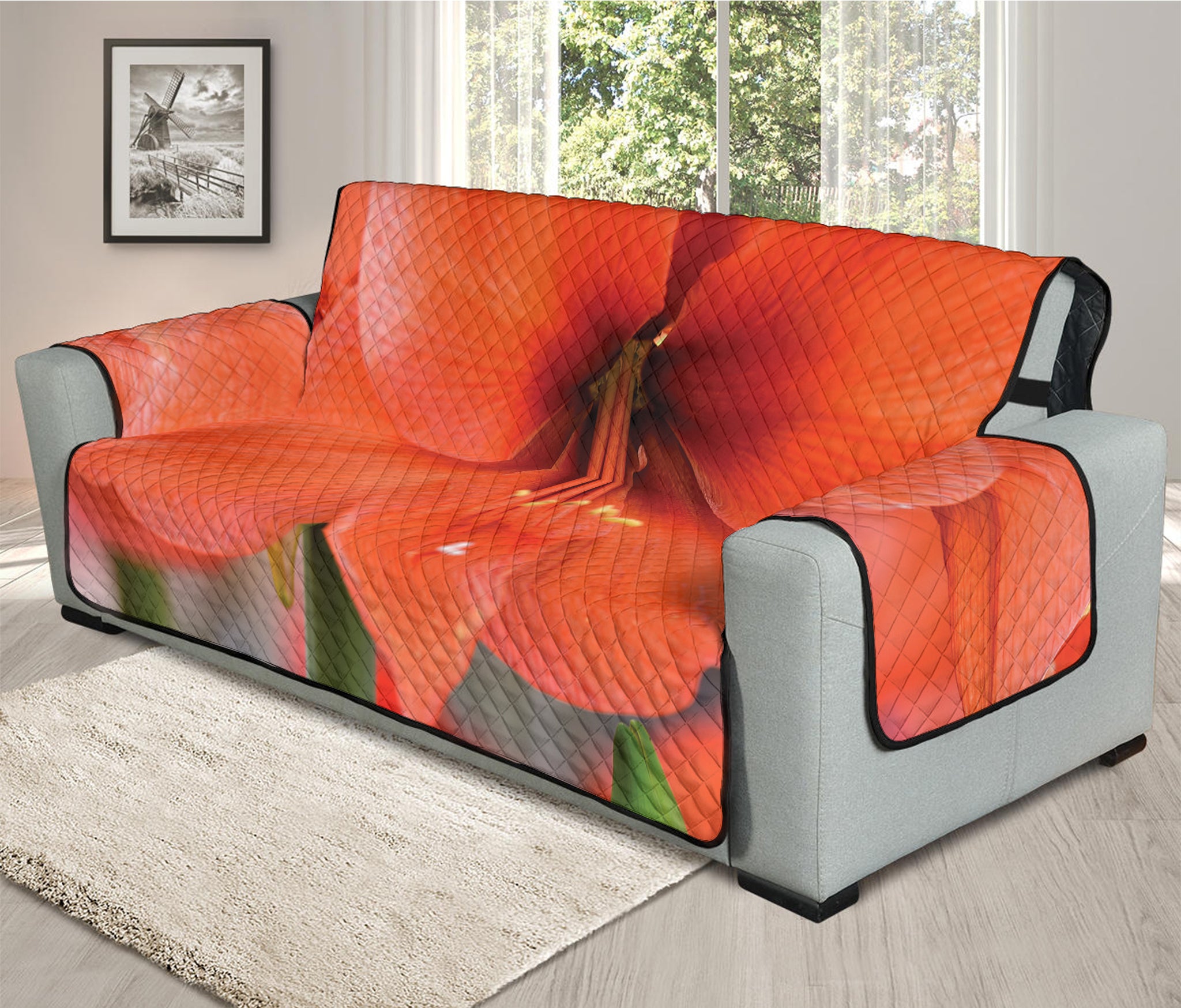 Orange Amaryllis Print Oversized Sofa Protector