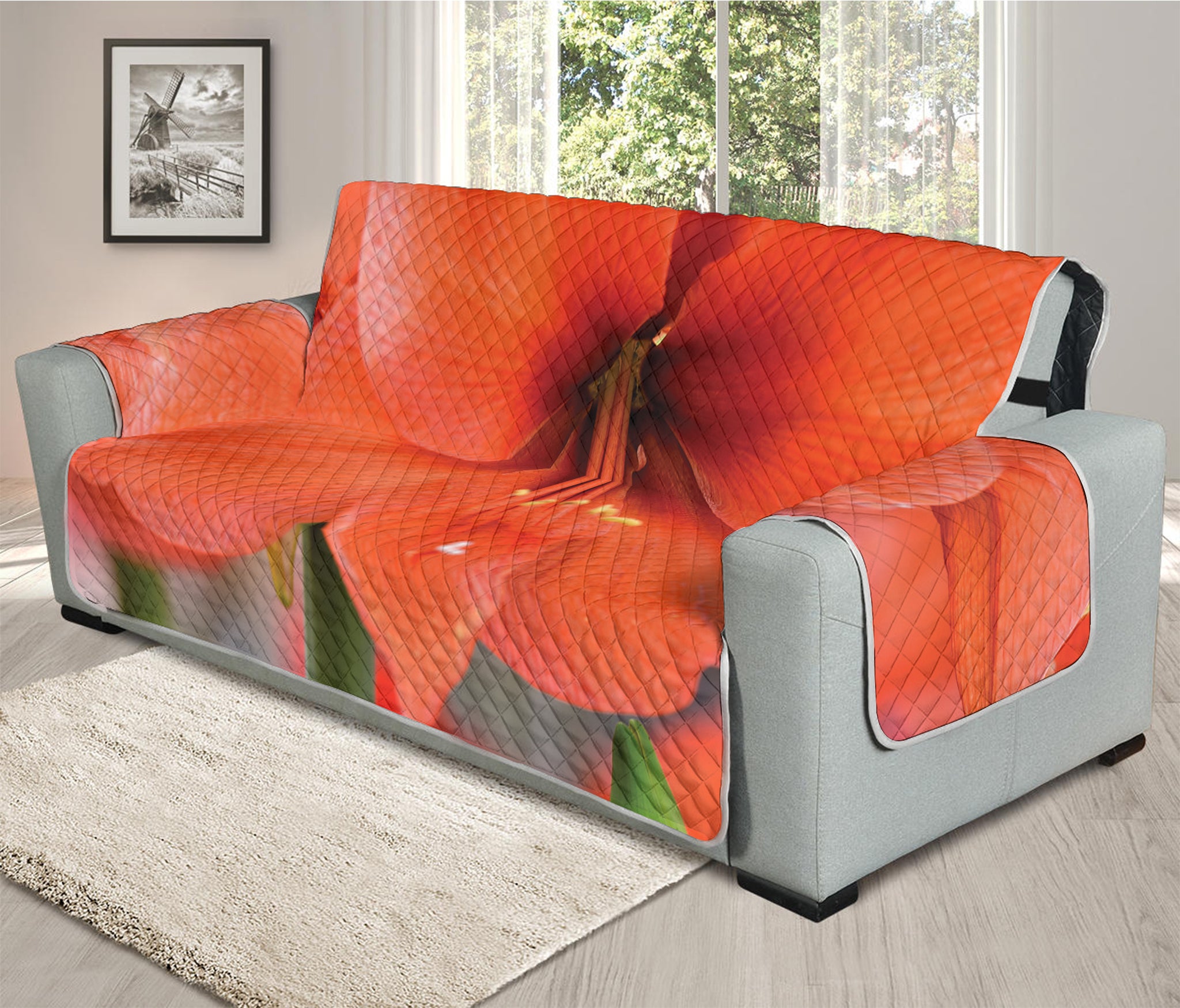 Orange Amaryllis Print Oversized Sofa Protector