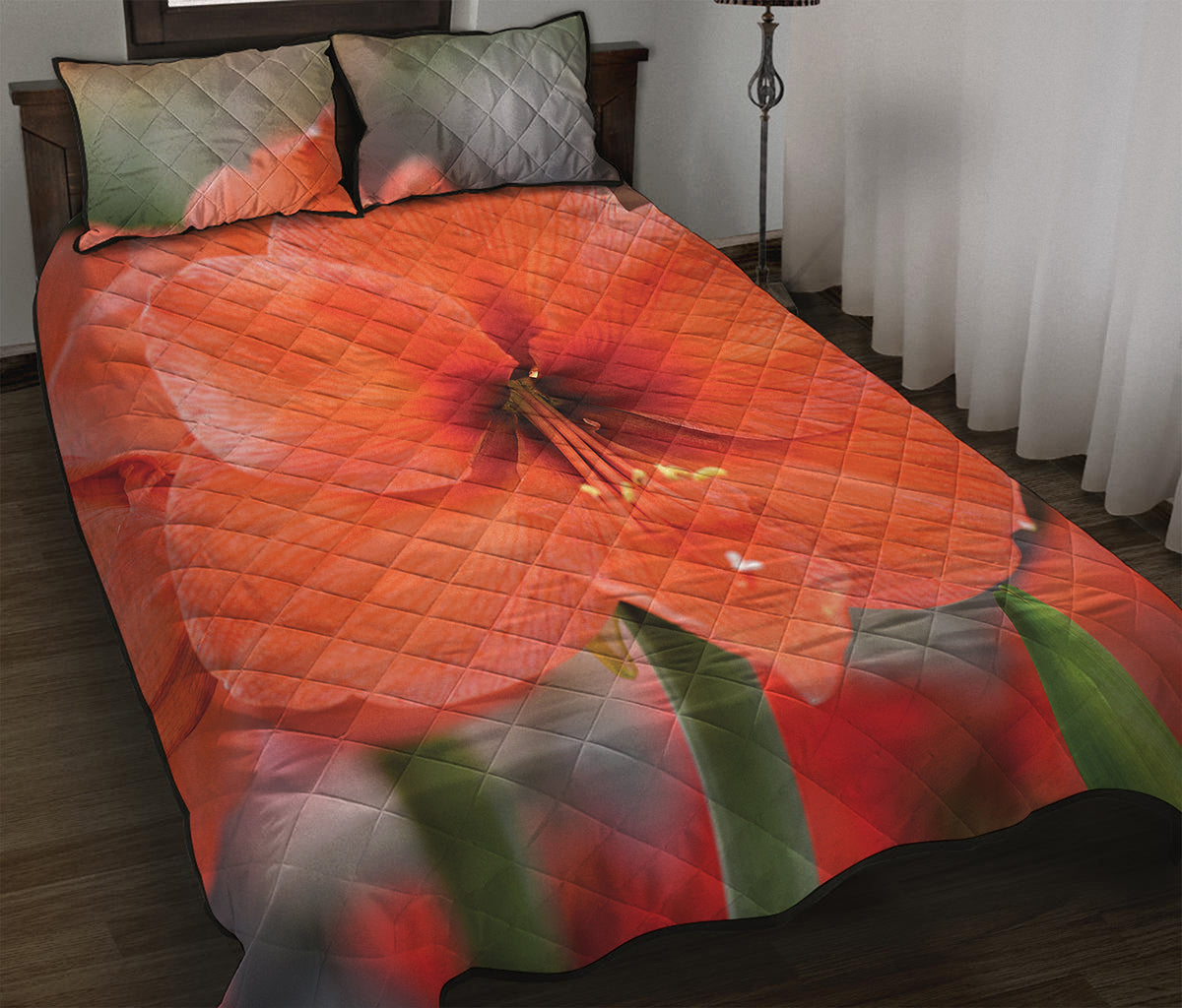 Orange Amaryllis Print Quilt Bed Set
