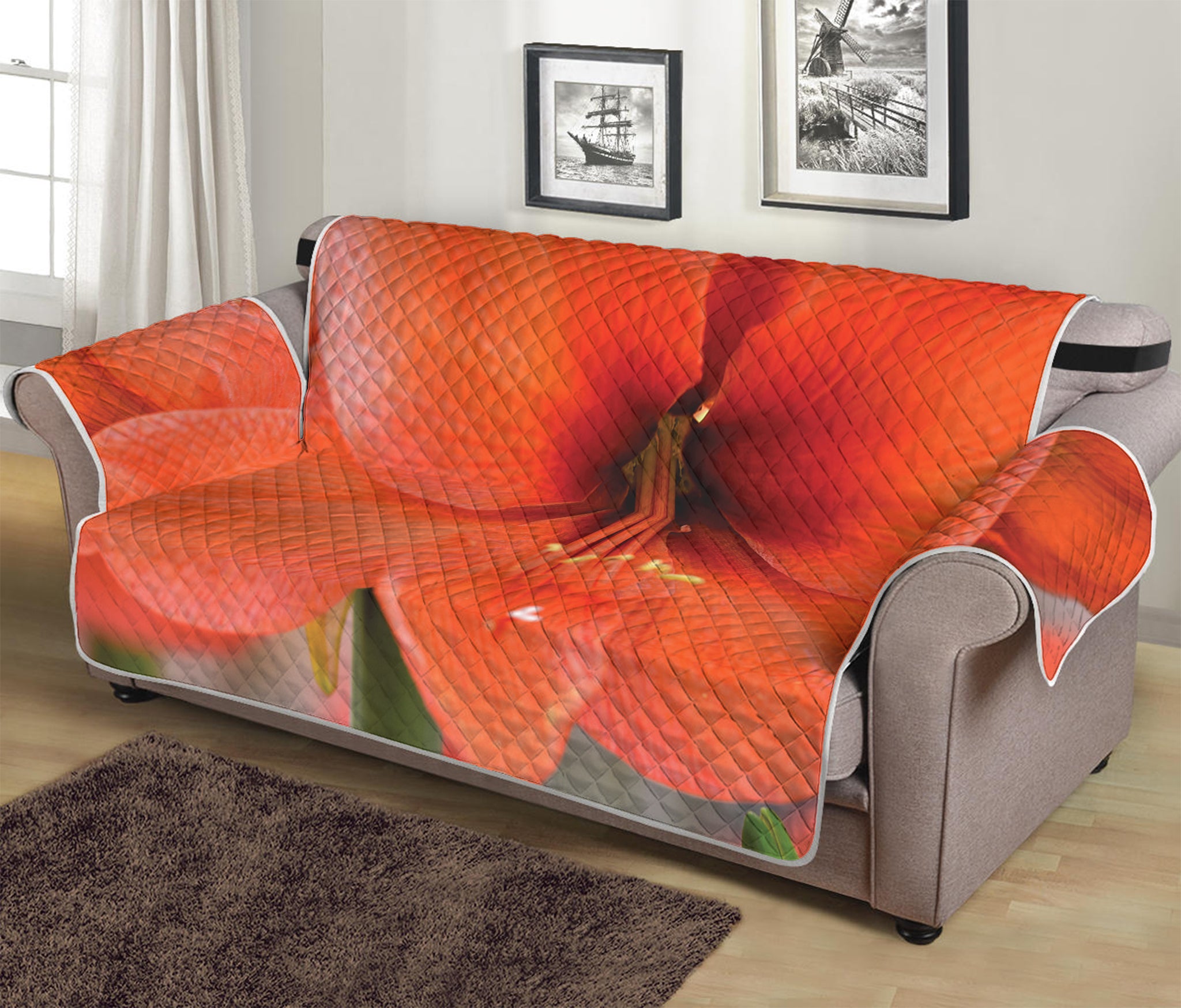 Orange Amaryllis Print Sofa Protector