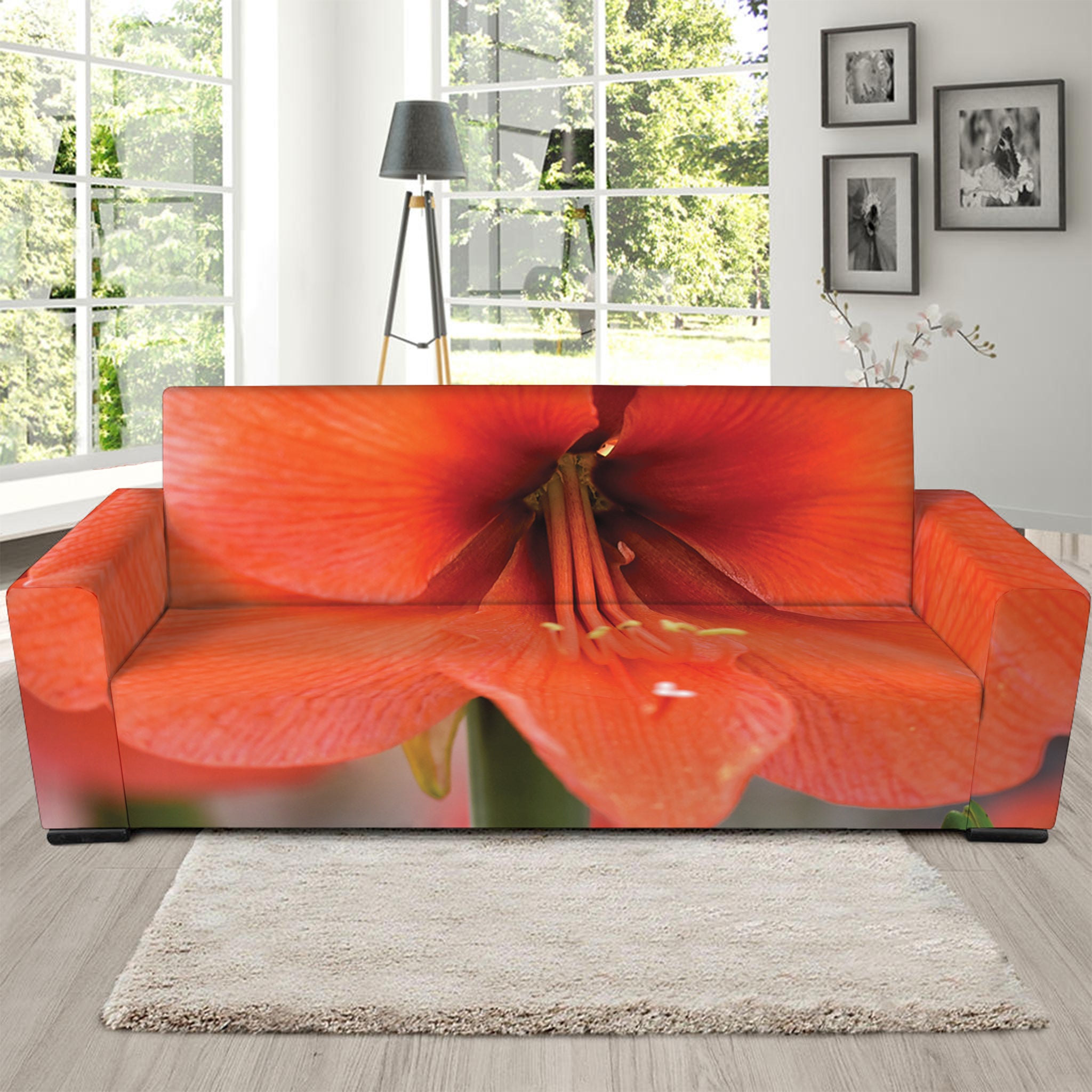 Orange Amaryllis Print Sofa Slipcover