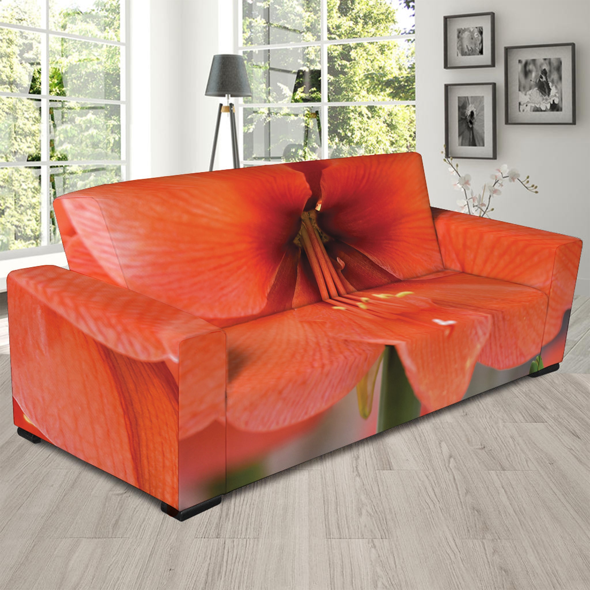 Orange Amaryllis Print Sofa Slipcover