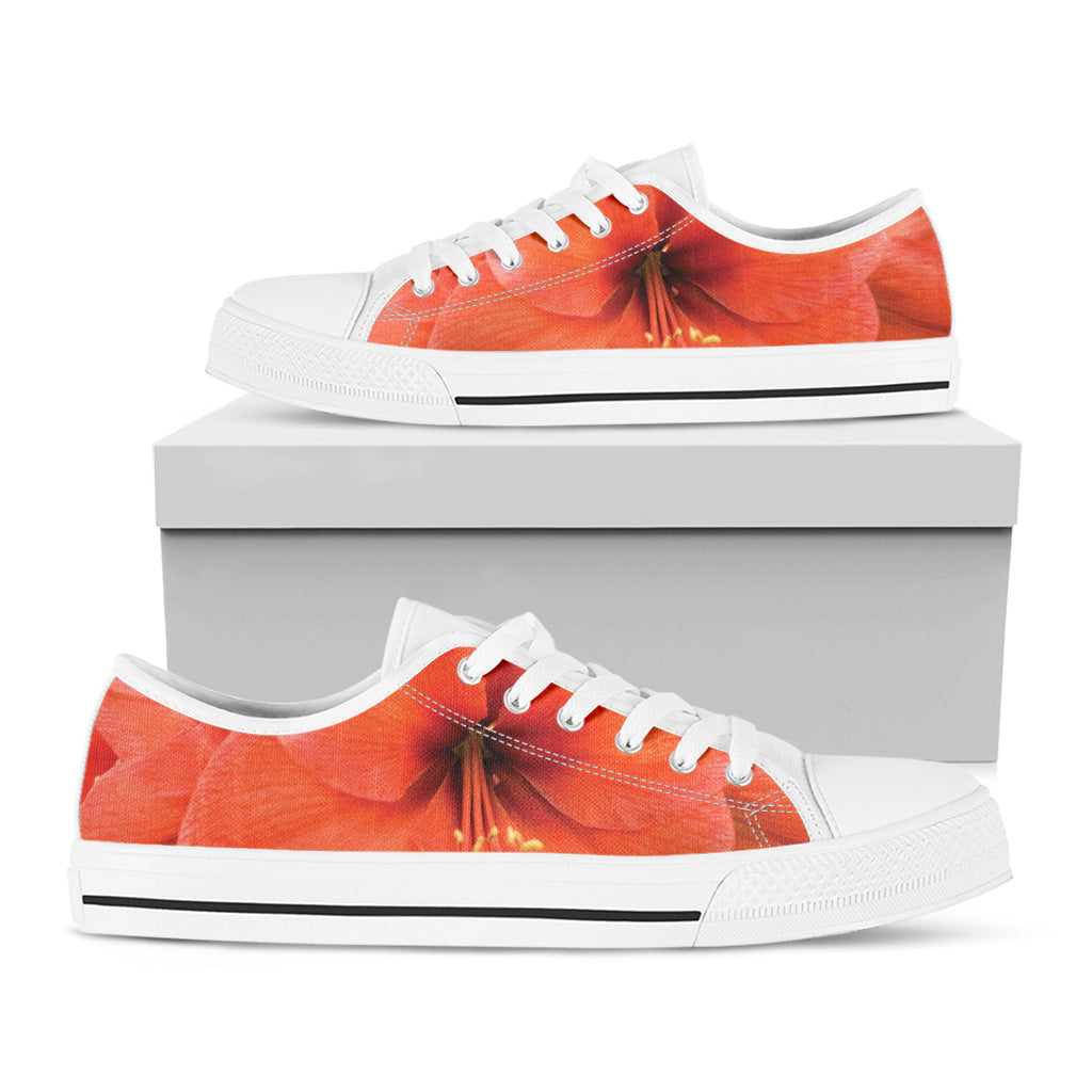 Orange Amaryllis Print White Low Top Shoes