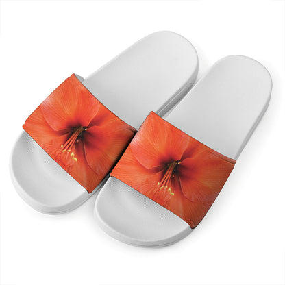 Orange Amaryllis Print White Slide Sandals