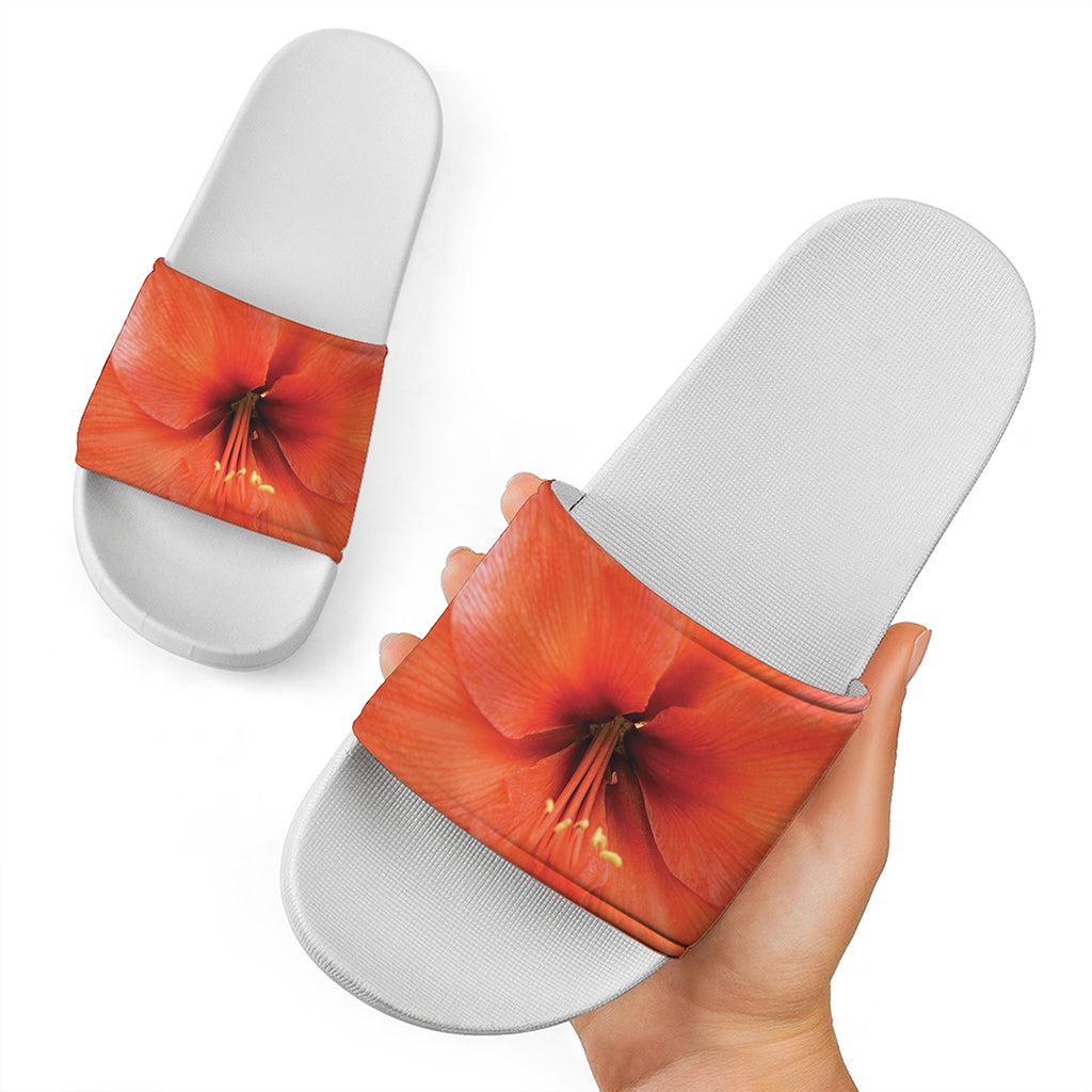 Orange Amaryllis Print White Slide Sandals