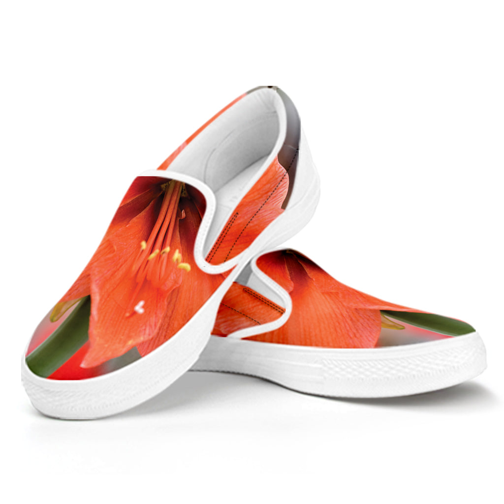 Orange Amaryllis Print White Slip On Shoes