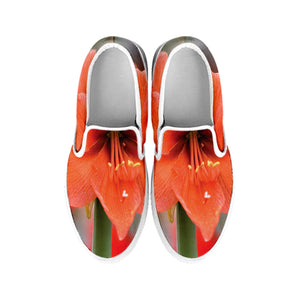 Orange Amaryllis Print White Slip On Shoes