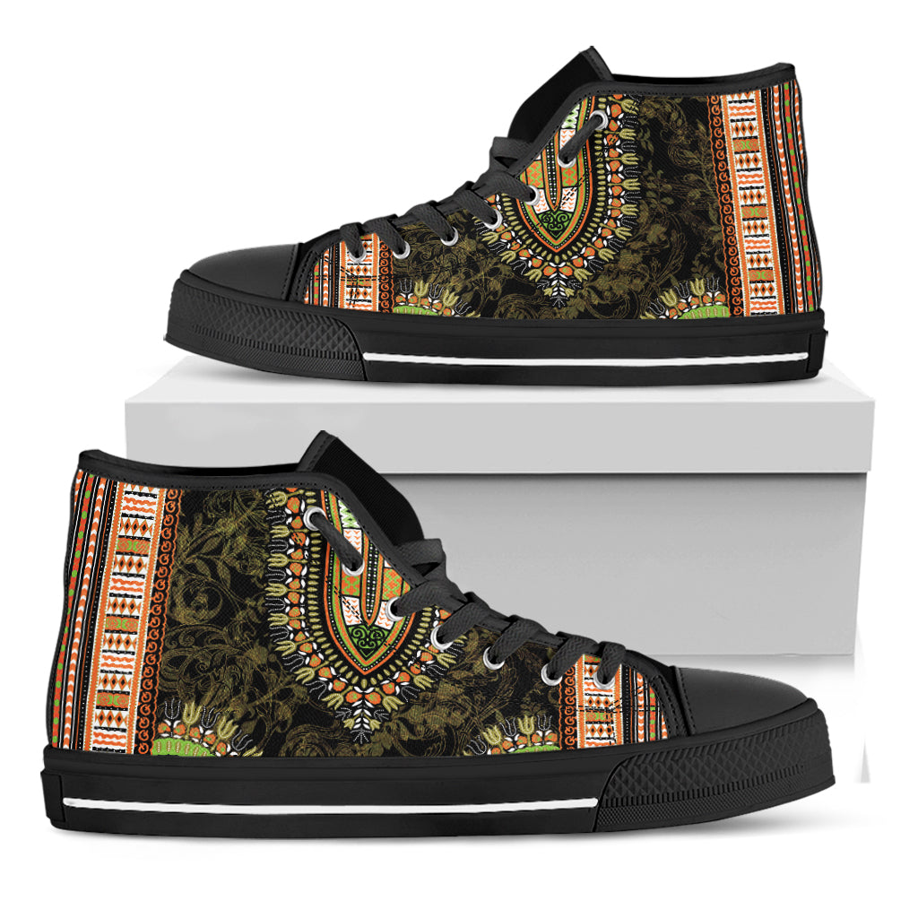 Orange And Black African Dashiki Print Black High Top Shoes