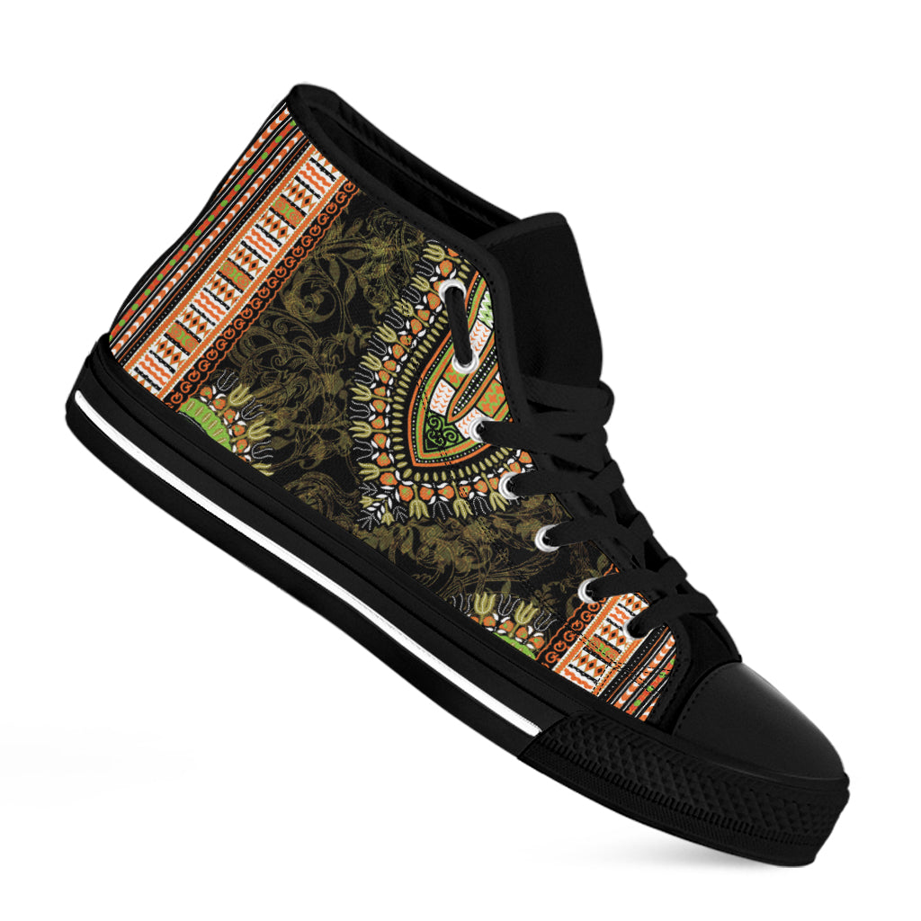 Orange And Black African Dashiki Print Black High Top Shoes