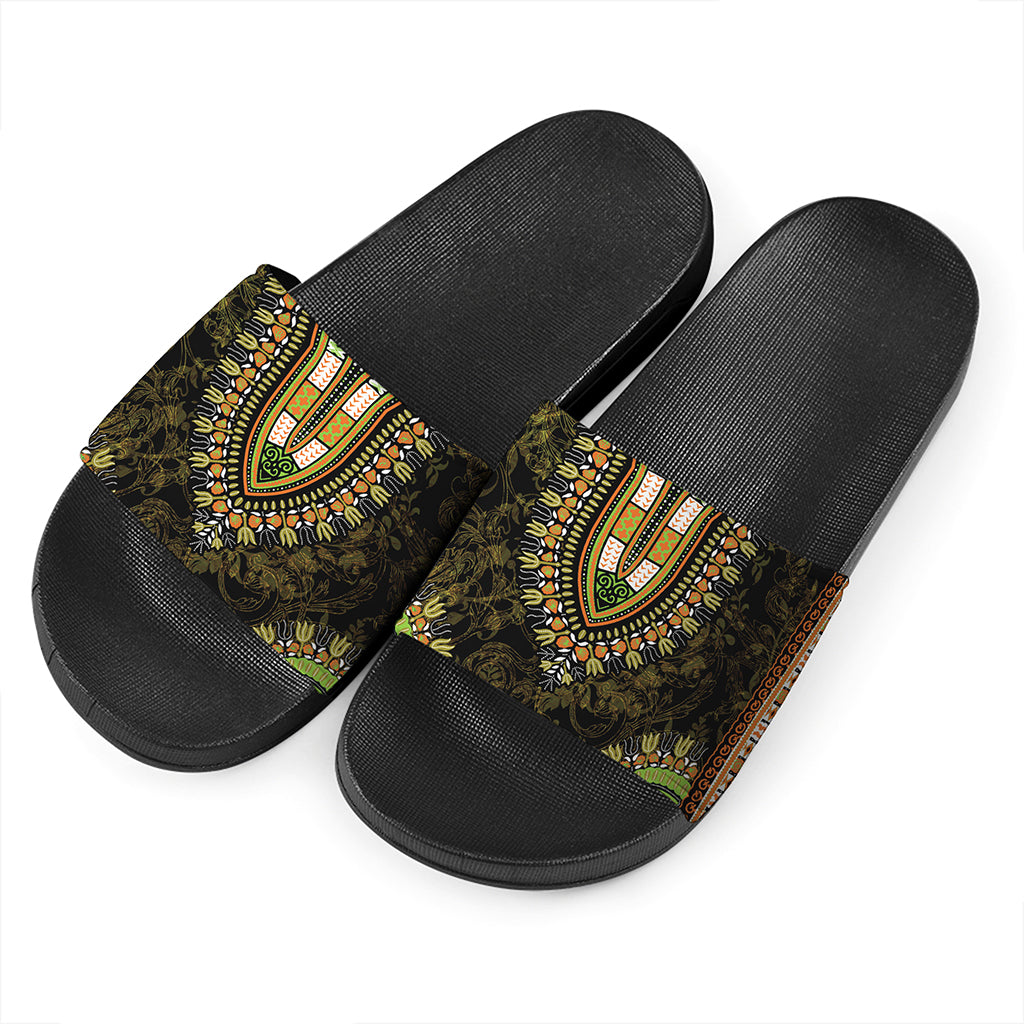 Orange And Black African Dashiki Print Black Slide Sandals